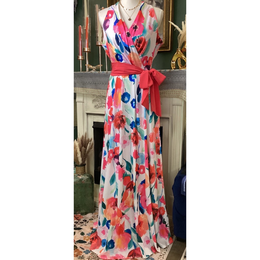 Leslie Fay Womens Floral Maxi Dress Pink Orange Blue Watercolor Wrap Gown Size 8